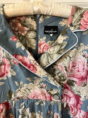 Women's Blue Floral Dress with Pink Roses